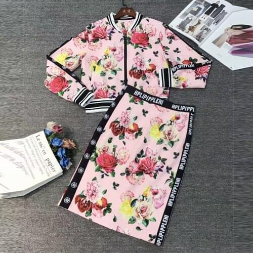 Fashion Designer 2021 Autumn New Two pieces Set Women Casual Long Sleeve Top+Elastic Waist Skirt Flowers Printed Suits