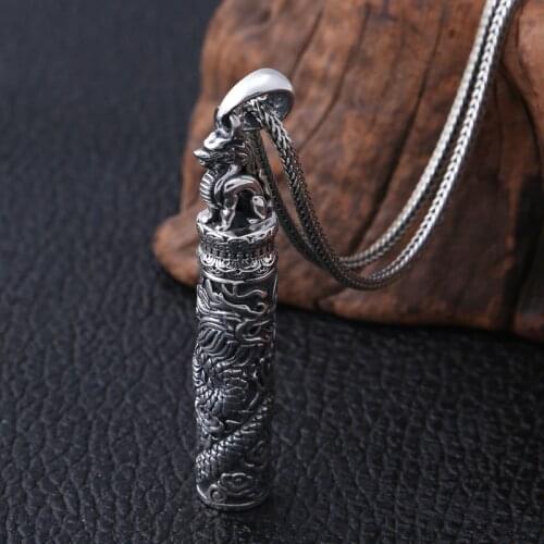 S990 Sterling Silver Vintage Memorial Thai silver ancient Bottle Jewelry Dragon Design Punk Mens Pendant Holder Ash Urn Necklace