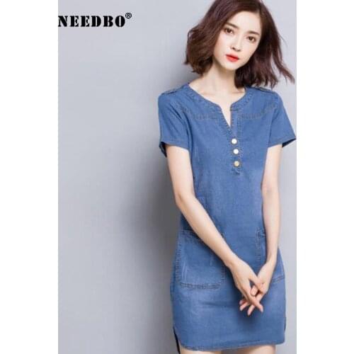 NEEDBO Short Denim Dress For Women Summer Dress Elegant Oversize 4XL Ladies Mini Jeans Dress Sexy Sundress Vestido Party Dresses