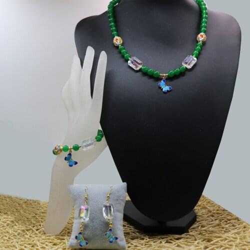 Original natural green 8mm stone chalcedony jades round beads bracelets necklace earrings for women high grade jewelry set B2928
