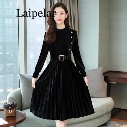 Autumn winter dress women vintage long-sleeved pleated velvet dress ladies elegant slim A-Line velvet party dress female belt