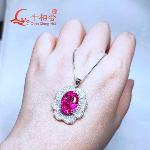 Artificial pink color ruby flower 925 silver pendant necklace with 10*14mm 7.3ct main stone for jewelry