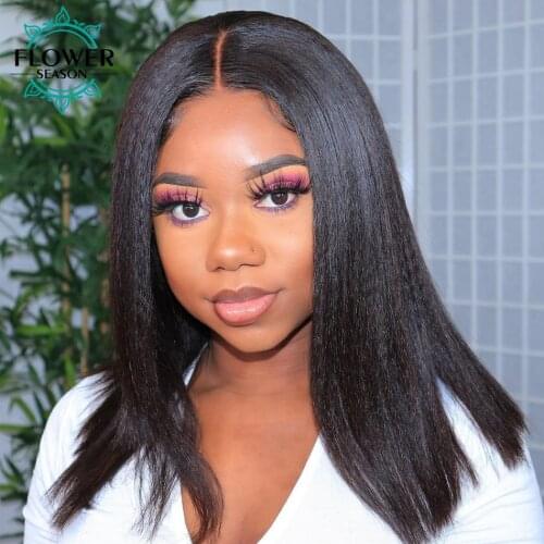 Bob Lace Wig Yaki Straight Human Hair Bob Frontal Wigs Remy Brazilian 13x4 Lace Front Wig Glueless For Black Women FlowerSeason