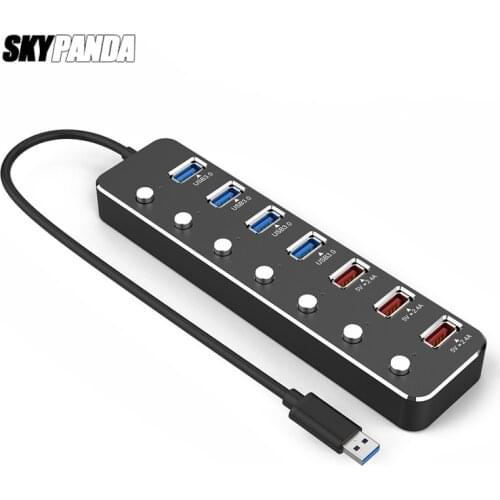 Sub-control 7-port USB Splitter 4 Port Extended USB3.0 HUB + 3 Port 5V 2.4A Fast Charging Adapter External Power Supply Aluminum