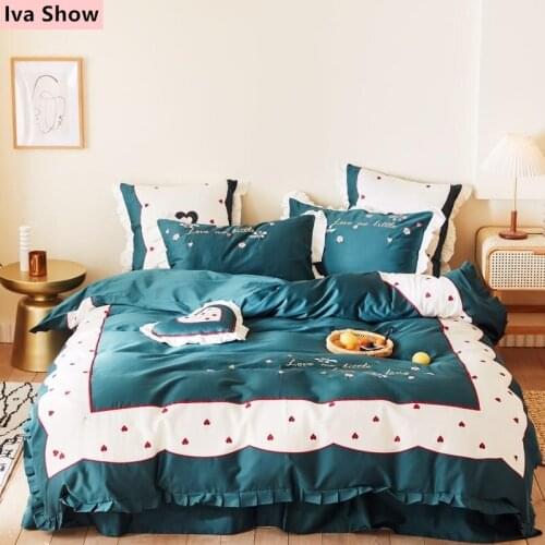 Princess Style Duvet Cover+Dark Green Bed Sheet+White Edge Pillowcases Luxury Long-staple Cotton Bedding Set Queen/King Size Bed