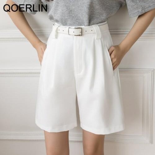 QOERLIN White High Waist Casual Sashes Shorts Women Summer Hot Wide Legs Shorts With Pocket Office Lady Suit Short Pants Mujer