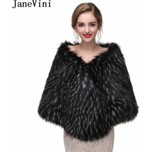 JaneVini Winter Black Cape Shawl Wedding Faux Fur Bolero Women Jacket Warm Fur Capes Shoulder Wraps Stoles bolero mariage 2021