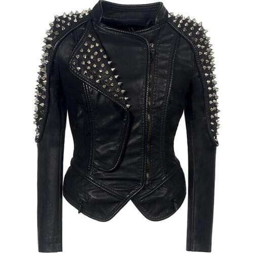 Women Leather Jacket New Spikes Stars Slim Bi-metal Silver Rivet Metallic Jacket PU Punk Biker Leather Coats
