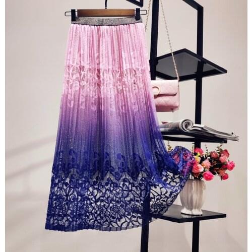 2020 AutumnWomen Fashion Lace Crochet Skirts Floral High Waist Hollow Out Ladies A-line Middle Pleated Mid-calf Skirt