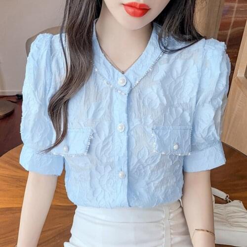 #8219 Blue White Chiffon Shirts Women Short Sleeves Sexy Slim V Neck Slim Short Shirt Femme Thin Casual Women Shirts Summer