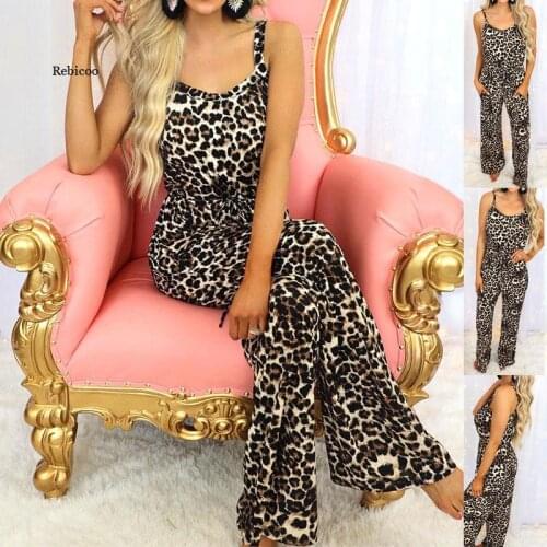 Womens Jumpsuit Leopard Print Jumpsuit Summer Women Sleeveless Casual Suspenders Jumpsuits Romper Wide Leg Long Trousers