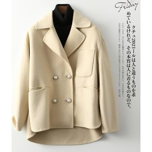 Womens Wool Woolen Jacket Medium Length Simple Cashmere Blends Spring Casual New Double Breasted Double-sided Tweed Coat