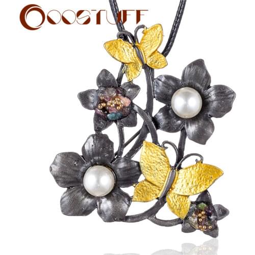 Vintage Plant Jewelry Long Necklace for Women Flower Butterfly Pendants Beads Black Rope Chain Jewellery Suspension Choker 2021
