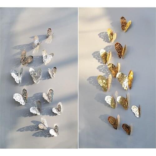 12Pcs 3D Hollow Butterfly Wall Sticker Gold/Silver Paint Paper Sticking Butterfly Stickers Home Wall Decoration Cut Out Design