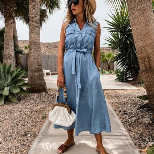 2021 New Arrival Sleeveless Long Lace Up Buttoned Denim Dress Summer Light Blue Casual Ladies Female Beach Party Midi Dresses