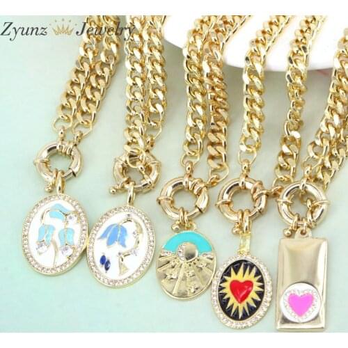 5PCS, Gold Color Flower Heart Engraved Oval Necklaces For Women Chunky Curb Chain Choker Pendant Necklace Fashion 2021 Jewelry