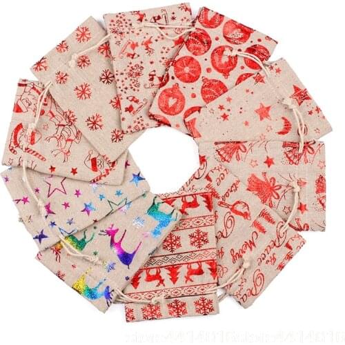 50pcs 10x14 13x18cm Burlap Christmas Gift Bag Jewelry Packaging Bags Wedding Party Decoration Drawable Bags Sachet Pouches 55