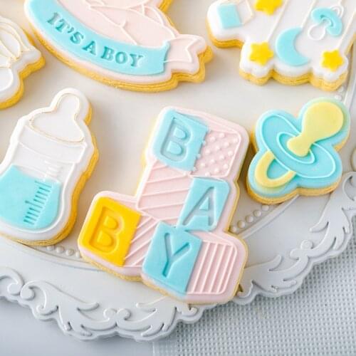 Acrylic Baby Shower Birthday Embosser Mold Baby Trojan Milk Bottle Stamp Mold Cake Fondant Decoration Tools Sugar Cookie Mold
