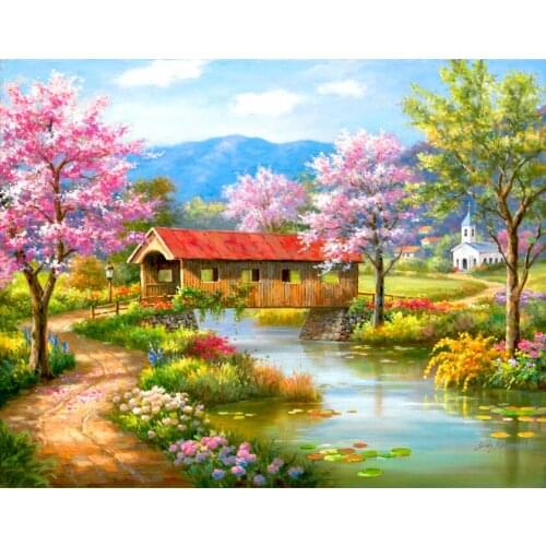 Full Square/Round Drill DIY Diamond Painting "Cherry Blossom" Cross Stitch Mosaic Landscape Diamond Embroidery Home Decoration
