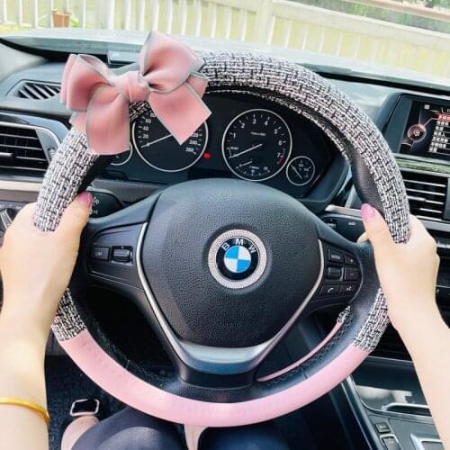 Car Bow Steering Wheel Cover Handle Cover Summer Automobile Ice Silk Women Breathable Universal Anti-skid Sweat Pink Accessories