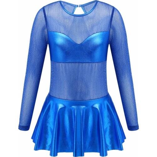 Kids Girls Glittering See-through Keyhole Back Ruffle Hem Gymnastics Leotard Latin Dance Ballet Tango Rumba Ballroom Dancewear