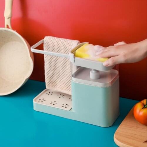Kitchen Sink Soap Dispenser Manual Press Pump Cleaning Liquid Detergent Dispenser Sponge Towel Storage Organizer Kitchen Tool