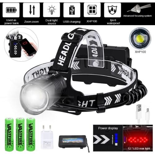 High Powerful 3 Modes XHP90/ XHP100 Zoomable LED Headlamp Flashlight Waterproof Camping Head Lamp USB Rechargeable Headlight