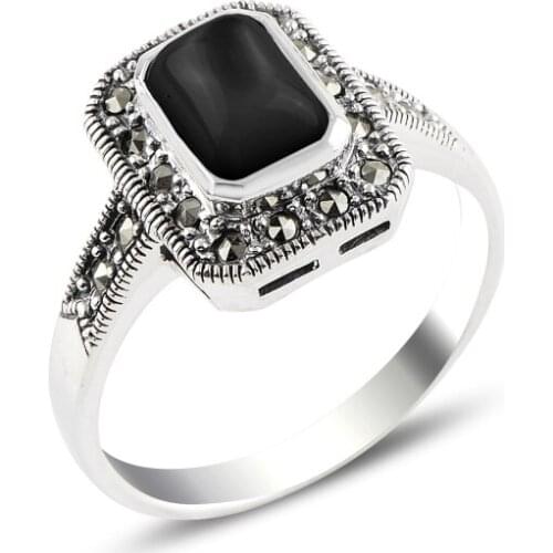 Silver 925 Sterling Onyx & Marcasite Ring