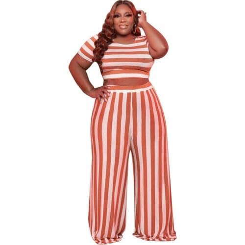 4XL 5XL Plus Size Set Stripe Print Two Piece Sets Casual Short Sleeve Tops And Pencil Pant Holiday Vintage Autumn Big Size 3XL