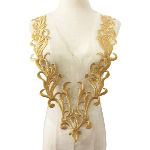 1Pcs Gold Gown Flower Sew On Lace Fabric Applique For Wedding Dress Vintage Floral Mesh Embroidery Patches Decoration Diy