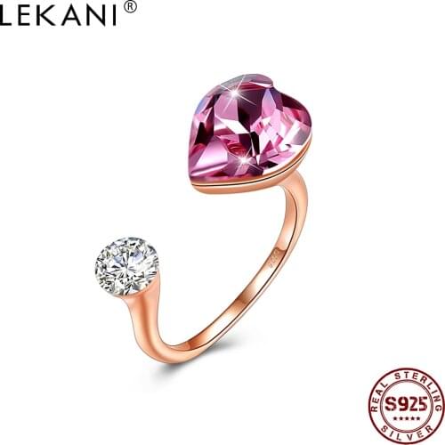 LEKANI S925 Sterling Silver Ring Romantic Heart Opening Adjustable Luxury Austria Crystal Ring Hot Selling Wedding Fine Jewelry