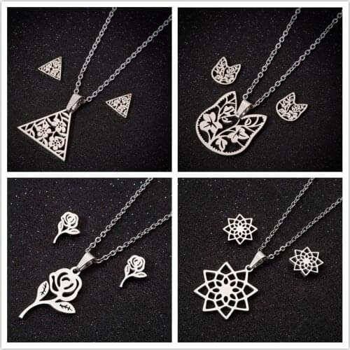 Oly2u Femme Party Jewelry Collier Pendientes Elegant Cute Rose Flower Necklaces Earrings Sets Valentines Dating Gifts