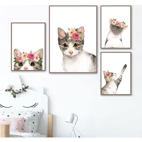 Cute Cats Nordic Posters and Prints Baby Girls Room Wall Decor Kitty Flower Crown Watercolor Art Canvas Painting Nursery Picture