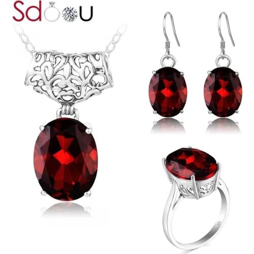 SDOOU Women Jewelry Set Real 100% Real Silver 925 Rings Pendants Drop Earrings Eternal Love Garnet Gems Fine Jewelry For Women