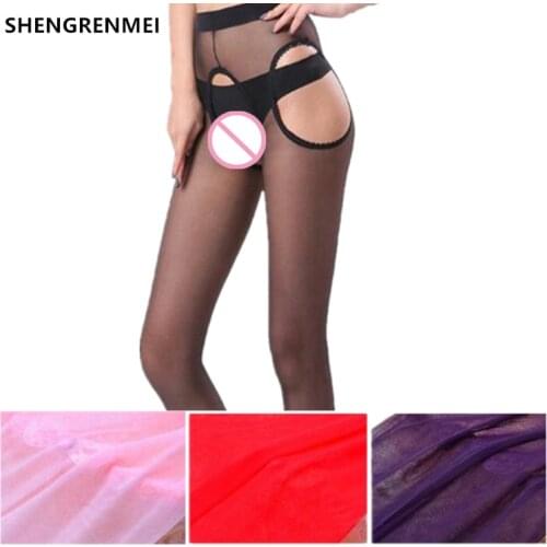 SHENGRENMEI Sexy Open Crotch Stockings Female Erotic Pantyhose Sexy Lingerie Tights Thin Sheer Thigh High Stockings White Pink
