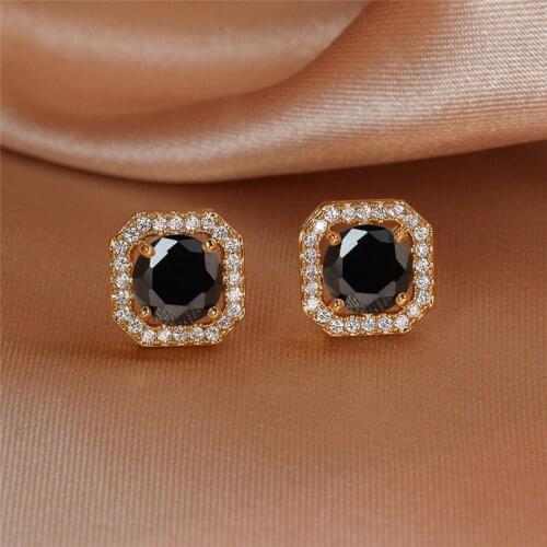 Men Womens Sqaure Earrings Black White Zircon Crystal Wedding Stud Earrings For Women Gold Color Punk Ear Studs Male Jewelry CZ