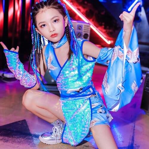 Blue Sequins Kids Girls Hip Hop Modern Dancing Costumes Chinese Style Jazz Stage Performance Clothing Catwalk Outfits YS1281