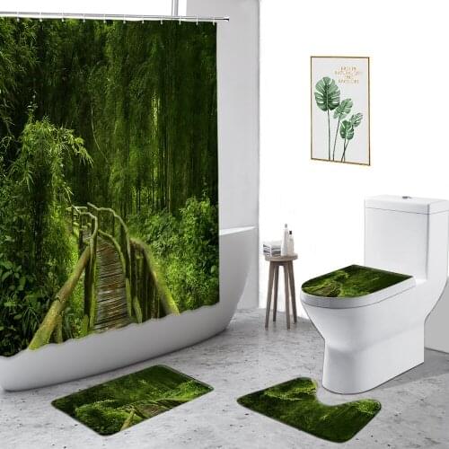 Tropical Rain Forest Scenery Shower Curtain Green Jungle Waterfall Corridor Natural Landscape Bathroom 4-Piece Set Bath Curtains