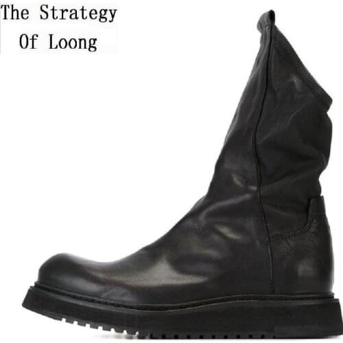 Spring Autumn British Style Men Genuine Leather Half Equestrian Boots Winter Male Plush High-top Mid-Calf Work Boots 20200114