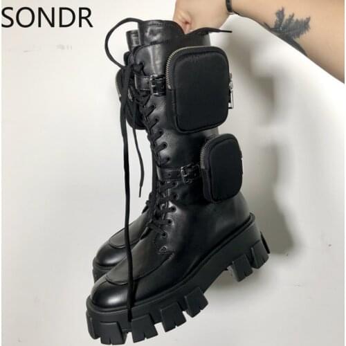 Womens Round Toe Genuine Leather Belt Purse Pocket Arm Mid Calf Boots Platform Chunky Heel Combat Punk Shoes Black