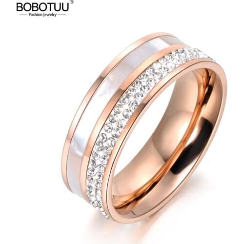 BOBOTUU Rose Gold Color Rhinestone & Shell Wedding Rings Jewelry 316L Stainless Steel Engagement Ring For Women Gift BR18050