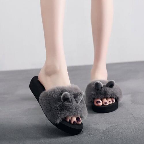 Women Winter Cross-border Ins Wool Slippers Casual Shoes Korean Fashion Students Sponge Cake Wedges Mao Mao Rabbit Ears Shoes