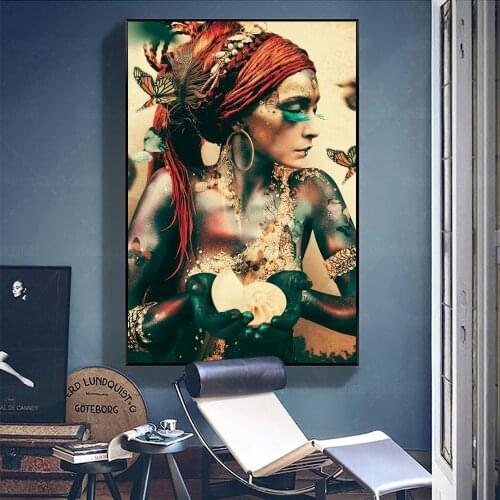 Woman with Butterflies Poster Holding Conch Tattooed Beauty Canvas Painting Wall Art Decor for Living Room
