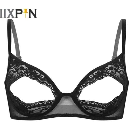 Women Lingerie Erotic Sheer Floral Lace Bra Top Wire-free Unlined Triangle Cup Bralette Soft Comfortable Nipple Split Sexy Bras
