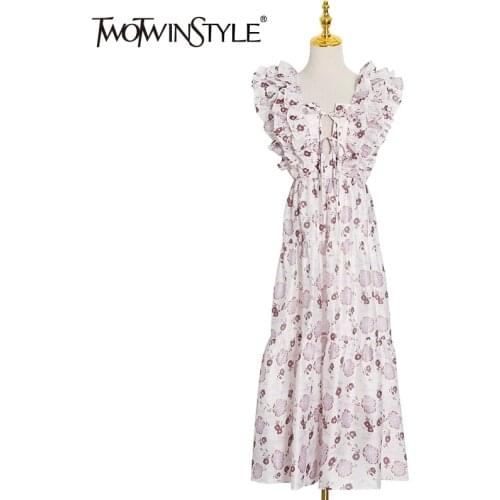 TWOTWINSTYLE Spring Print Floral Dress For Female Square Collar Sleeveless High Waist Patchwork Ruffle Midi Dresses Female New