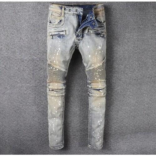 Motorcycle biker Mens jeans pleated Painted vintage blue stretch denim Slim fit moto pants for men #990