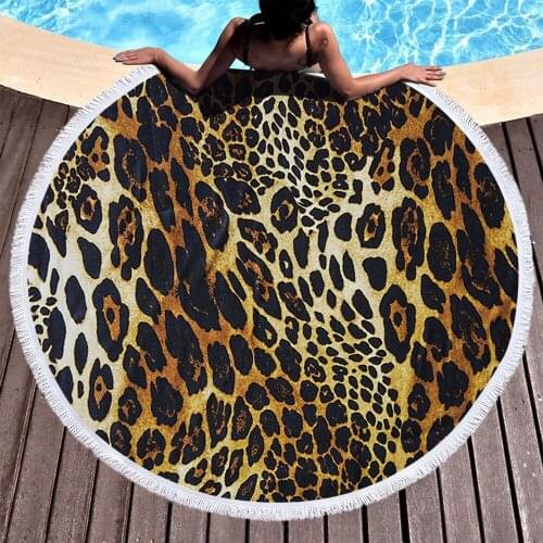 Large Round Beach Towel Leopard Printing Bath Towel Stripe Rainbow Summer Travel Sports Towel Soft Microfiber Absorbent Attract