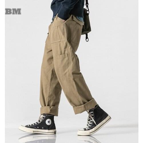 Japanese Streetwear Fashion Casual Cargo Pants Men Clothing Harajuku Straight Trousers Spring Autumn Simple Army Green Pants