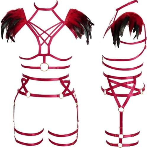 Wine Red Feather Epaulettes Goth Shoulder Wings Tops Festival Sexy Lingerie Wedding Full Strappy Adjust Body Harness Set