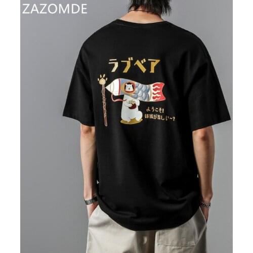 ZAZOMDE 2021 Men Streetwear Harajuku T Shirt Hip Hop Japanese Cat Letter Print T-Shirt Summer Short Sleeve Cotton Casual Tshirt